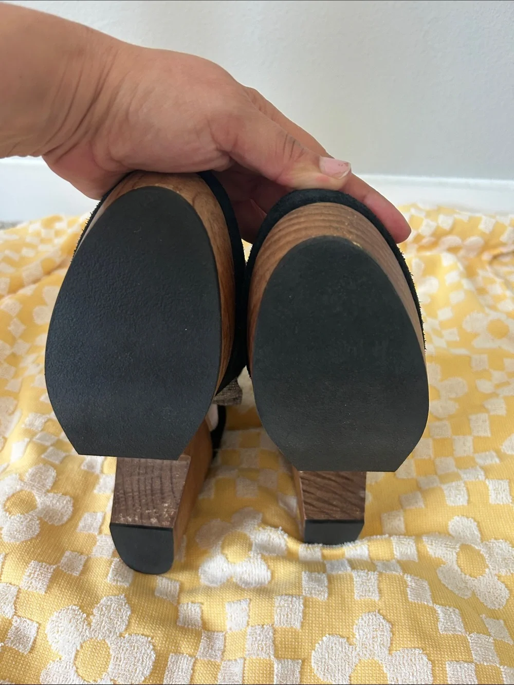 Free People Black Suede Platform Clogs with Wood-Look Heel